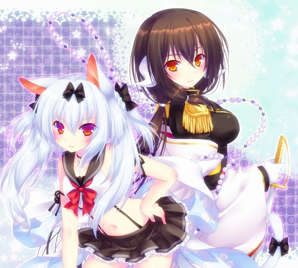 :3 animal_ears azur_lane bent_over black_hair bow cat_ears choker commentary_request epaulettes hair_bow hair_ribbon holding long_hair looking_at_viewer mikasa_(azur_lane) mikoto_r_a military military_uniform naval_uniform navel oni_horns orange_eyes pleated_skirt ribbon school_uniform serafuku short_hair skirt smile sword twintails uniform weapon white_hair yukikaze_(azur_lane)