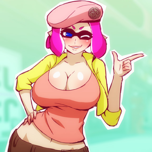 1girl beret blue_eyes breasts cleavage contrapposto domino_mask groin hand_on_hip hat huge_breasts inkling jacket mask mike_inel navel one_eye_closed pink_hair smile solo splatoon tentacle_hair wide_hips