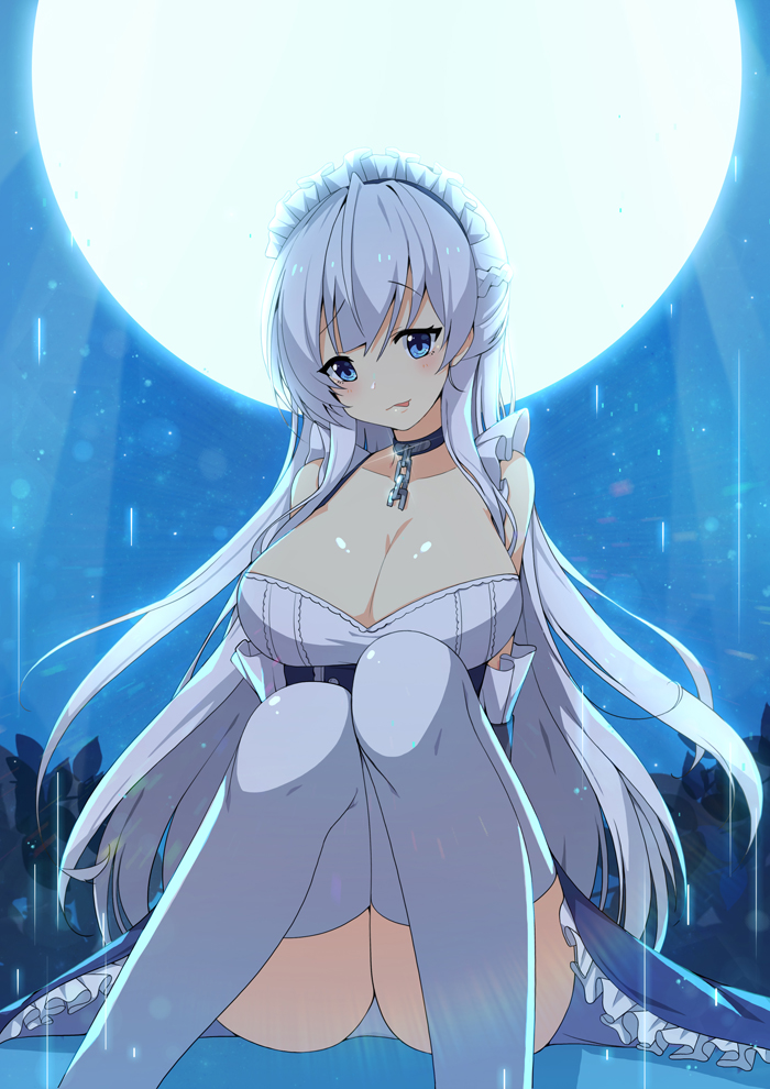 1girl azur_lane belfast_(azur_lane) blue_eyes blush breasts chains character_request choker cleavage closed_mouth collarbone eyebrows_visible_through_hair grey_hair large_breasts long_hair looking_at_viewer maid_headdress night outdoors sitting smile solo thigh-highs tongue tongue_out tp_(kido_94) white_legwear