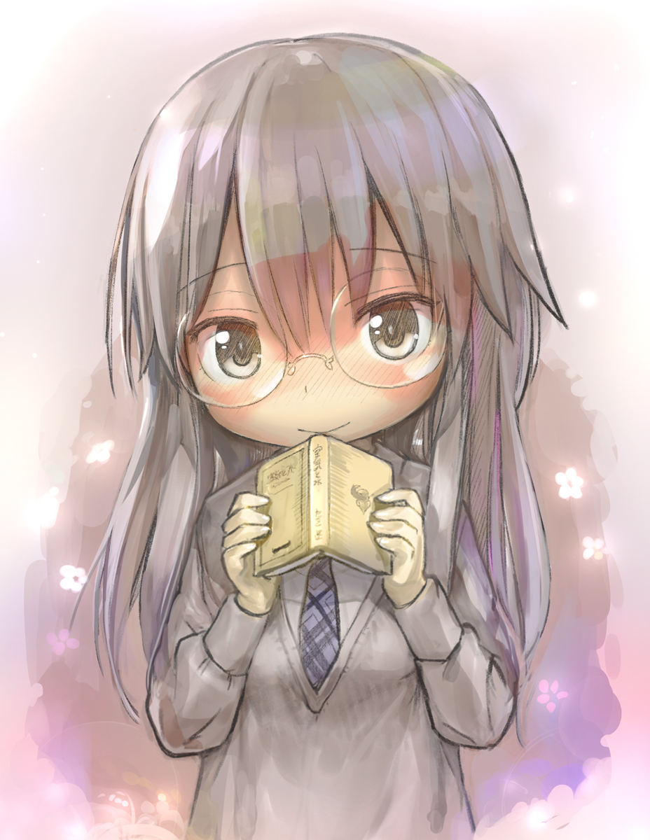 1girl black_hair blue_neckwear blush book brown_eyes character_request closed_mouth copyright_request eyebrows_visible_through_hair highres holding holding_book long_hair long_sleeves looking_at_viewer necktie smile solo tsukushi_akihito upper_body