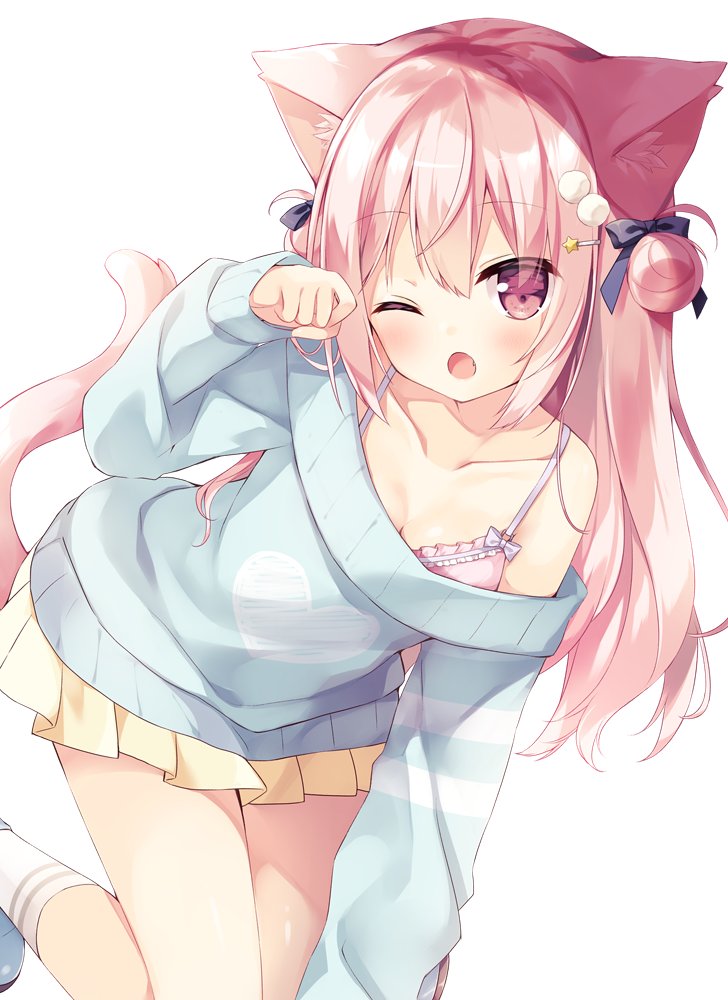 1girl ;o all_fours animal_ears bow bra cat_ears cat_tail commentary_request double_bun hair_bow hair_ornament hair_ribbon hairclip hoshi_(snacherubi) kneehighs long_hair looking_at_viewer one_eye_closed original paw_pose pink_bra pink_eyes pink_hair pleated_skirt ribbon simple_background skirt solo sweater tail underwear white_background white_legwear