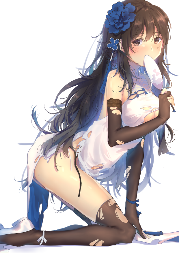 1girl alternate_costume arm_support ass bangs bare_shoulders black_hair blue_ribbon blush breasts bridal_gauntlets brown_eyes brown_gloves brown_legwear china_dress chinese_clothes cleavage covered_mouth damaged dress eyebrows_visible_through_hair fan flower garter_straps girls_frontline gloves hair_between_eyes hair_flower hair_ornament hairband holding holding_fan katee kneeling lace lace-trimmed_thighhighs large_breasts leaning_forward leg_ribbon long_hair looking_at_viewer messy_hair mole mole_under_eye panties paper_fan pelvic_curtain pumps qbz-95_(girls_frontline) ribbon side-tie_panties sidelocks simple_background solo thigh-highs thighs torn_clothes uchiwa underwear very_long_hair white_background white_footwear white_panties white_ribbon wide_sleeves wrist_ribbon