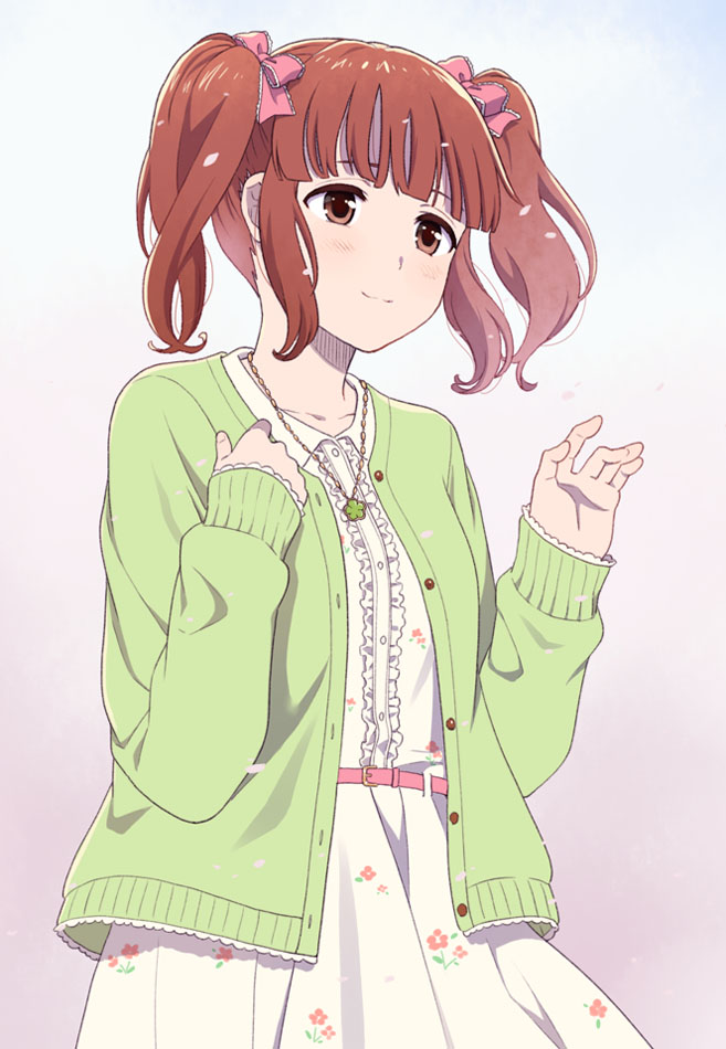 1girl belt blush brown_eyes brown_hair cardigan clover dress floral_print gradient gradient_background green_cardigan hair_ribbon idolmaster idolmaster_cinderella_girls jewelry long_sleeves mattaku_mousuke necklace ogata_chieri open_cardigan open_clothes outstretched_hand pink_ribbon ribbon sidelocks sleeves_past_wrists smile solo twintails upper_body