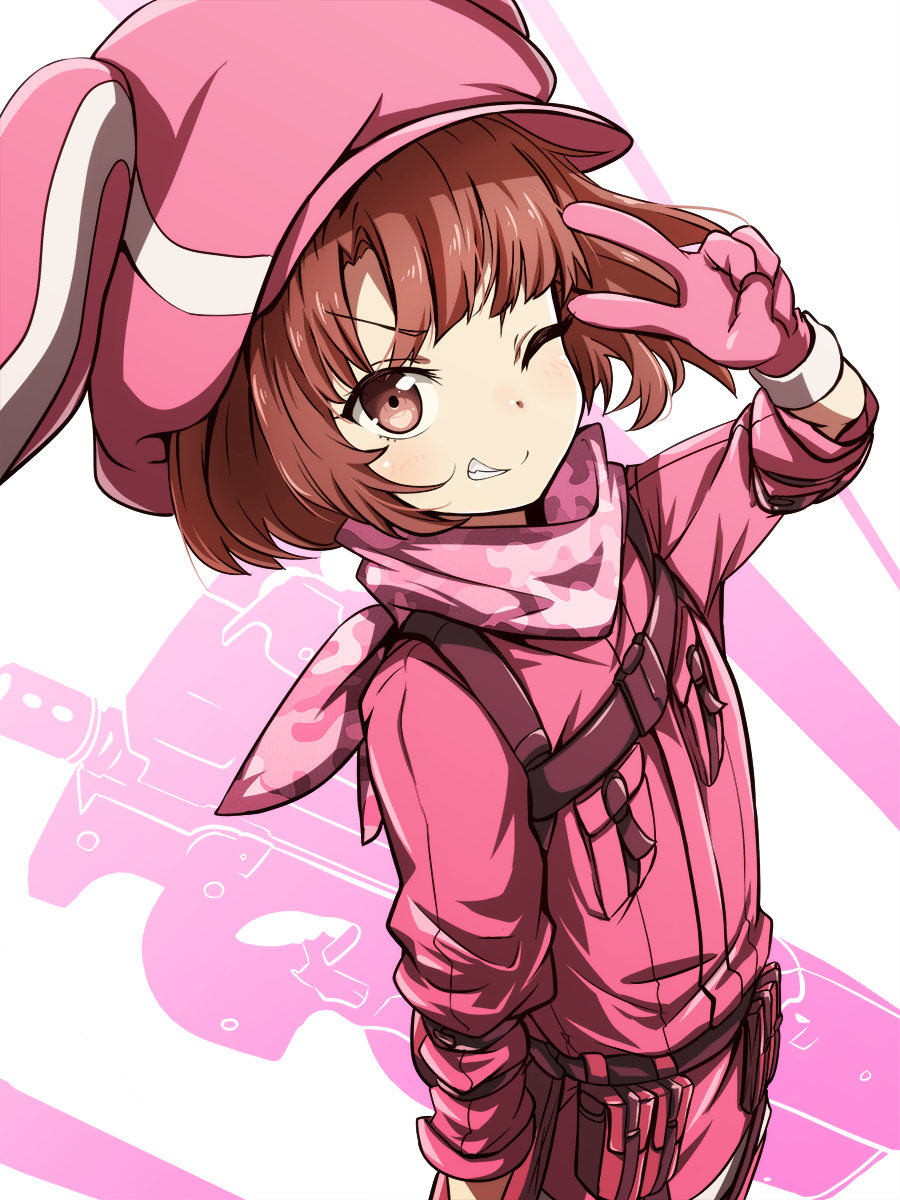 1girl animal_hat blush brown_eyes brown_hair bullpup bunny_hat gloves grin gun hat highres llenn_(sao) looking_at_viewer neckerchief one_eye_closed p90 pink_gloves pink_hat pouch short_hair smile solo submachine_gun sword_art_online sword_art_online_alternative:_gun_gale_online tom_(drpow) upper_body v-shaped_eyebrows v_over_eye weapon