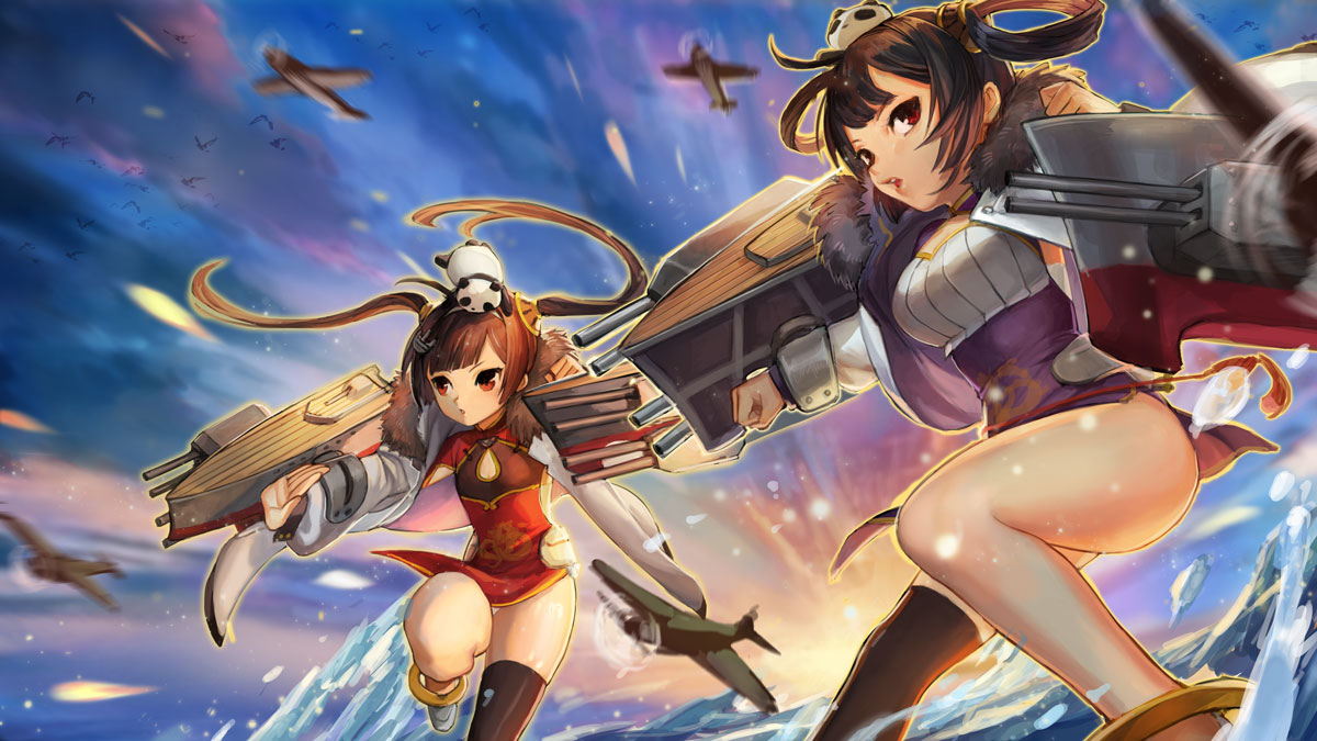 2girls aircraft airplane animal animal_on_head asymmetrical_legwear azur_lane bangs bird black_legwear blue_sky breasts brown_hair cannon china_dress chinese_clothes clouds commentary_request day dress fur-trimmed_jacket fur_trim hair_rings hairpods jacket long_hair long_sleeves looking_at_viewer medium_breasts motion_blur multiple_girls nima_(niru54) ning_hai_(azur_lane) ocean on_head outdoors panda parted_lips pelvic_curtain ping_hai_(azur_lane) puffy_long_sleeves puffy_sleeves purple_dress red_dress red_eyes single_thighhigh sky standing standing_on_one_leg thigh-highs twintails very_long_hair water white_jacket