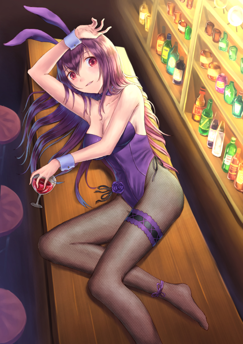 1girl alcohol animal_ears ankle_ribbon arm_up armpits bangs bar bar_stool bare_arms bare_shoulders black_legwear blush bottle bow breasts bunnysuit cleavage collarbone cup detached_collar drinking_glass eyebrows_visible_through_hair fake_animal_ears fate/grand_order fate_(series) fishnet_pantyhose fishnets flower from_above holding holding_drinking_glass indoors leotard long_hair looking_at_viewer lying medium_breasts no_shoes on_side pantyhose parted_lips purple_bow purple_flower purple_hair purple_leotard purple_neckwear purple_ribbon purple_rose rabbit_ears red_eyes ribbon rose scathach_(fate/grand_order) shelf smile solo stool thigh_strap tobychou very_long_hair wine_glass wrist_cuffs