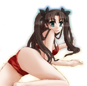 1girl ass ayapa back barefoot bikini black_hair blue_eyes fate/stay_night fate_(series) long_hair lowres parted_lips ribbon simple_background solo tohsaka_rin twintails