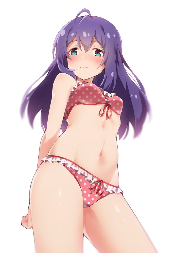 1girl ahoge arms_behind_back blue_eyes blush breasts closed_mouth contrapposto cowboy_shot flipped_hair idolmaster idolmaster_million_live! long_hair looking_at_viewer mochizuki_anna navel purple_hair simple_background small_breasts solo tareme white_background yuukyan_(ucan85)