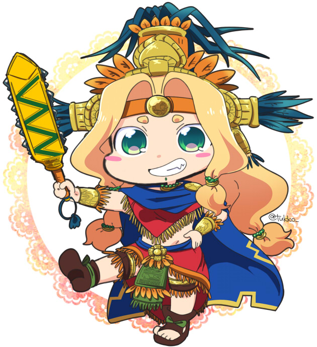 1girl aztec bead_necklace beads blonde_hair blue_cape blush_stickers bracer brown_footwear cape chibi chin_piercing fate/grand_order fate_(series) feathers green_eyes grin groin hair_beads hair_intakes hair_ornament hand_on_hip headband headdress holding holding_sword holding_weapon jewelry leg_up loincloth long_hair low-tied_long_hair miniskirt neck_ring necklace outstretched_arm piercing poncho quetzalcoatl_(fate/grand_order) red_skirt sandals sharp_teeth shoulder_pads skirt smile solo standing standing_on_one_leg sword teeth tsukko_(3ki2ne10) twitter_username very_long_hair weapon