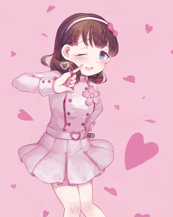 1girl belt belt_buckle blue_eyes blush bow brown_hair buckle commentary_request corsage feet_out_of_frame finger_ribbon flower hair_bow hairband heart heart_belt idolmaster idolmaster_cinderella_girls jacket kira!_mankai_smile one_eye_closed open_mouth pink_background pink_hairband pink_jacket pink_skirt pinky_out pleated_skirt ribbon sakuma_mayu sasasasa simple_background skirt smile
