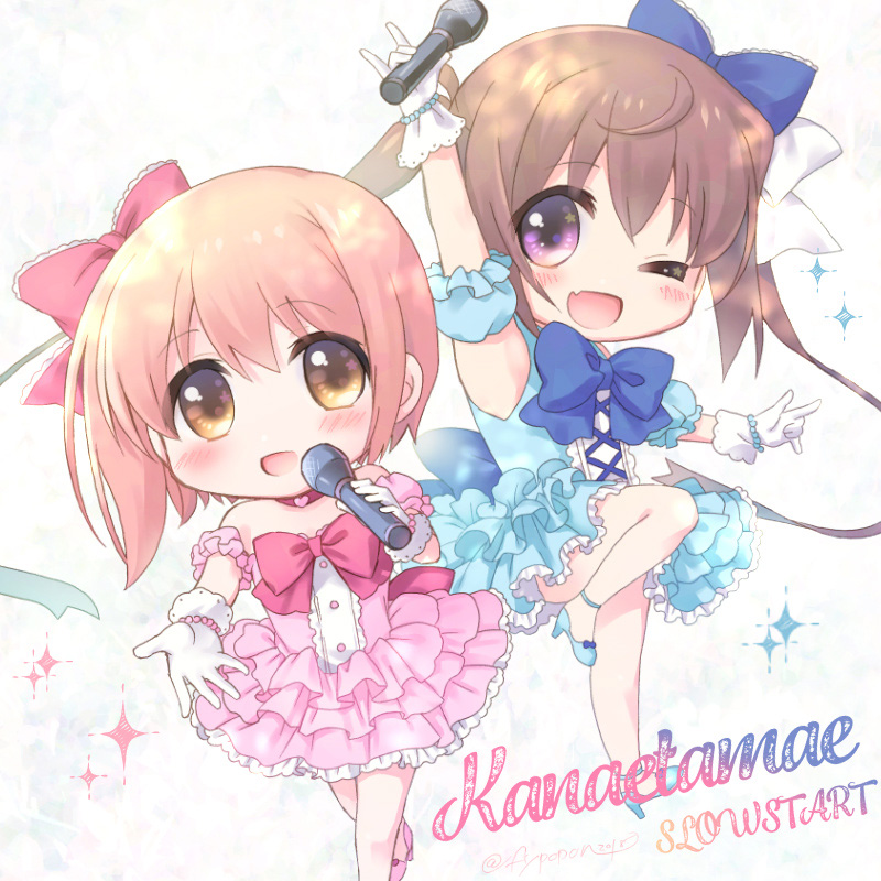 2girls ;d \n/ ahoge alternate_costume anklet arm_above_head arm_garter armpits bare_shoulders blue_bow blue_footwear blush bow brown_hair character_name chibi choker copyright_name dress foot_out_of_frame frilled_dress frilled_skirt frills fukuda_fukutarou gloves hair_bow heart high_heels ichinose_hana idol jewelry leg_up looking_at_viewer microphone momochi_tamate multiple_girls one_eye_closed open_mouth pink_bow pink_choker pink_dress pink_hair reaching_out short_hair side_ponytail skirt sleeveless sleeveless_dress slow_start smile sparkle standing standing_on_one_leg two_side_up violet_eyes white_background white_bow white_gloves yellow_eyes