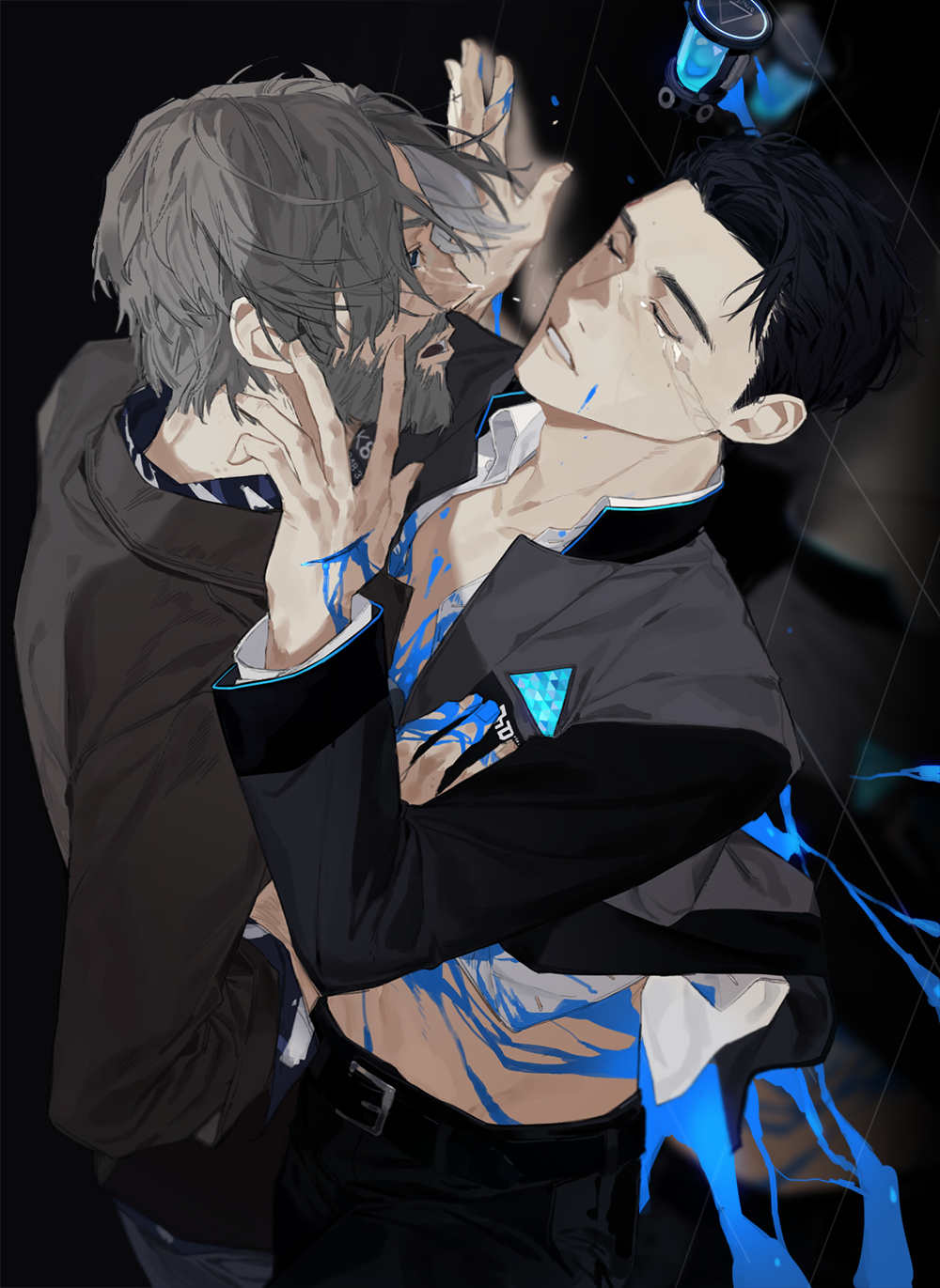 2boys beard black_hair blood blood_on_chest blood_on_face blue_blood connor_(detroit) crying detroit:_become_human facial_hair grey_hair hand_on_another's_chest hank_anderson highres jacket multiple_boys open_clothes open_jacket sideways tears yulim0