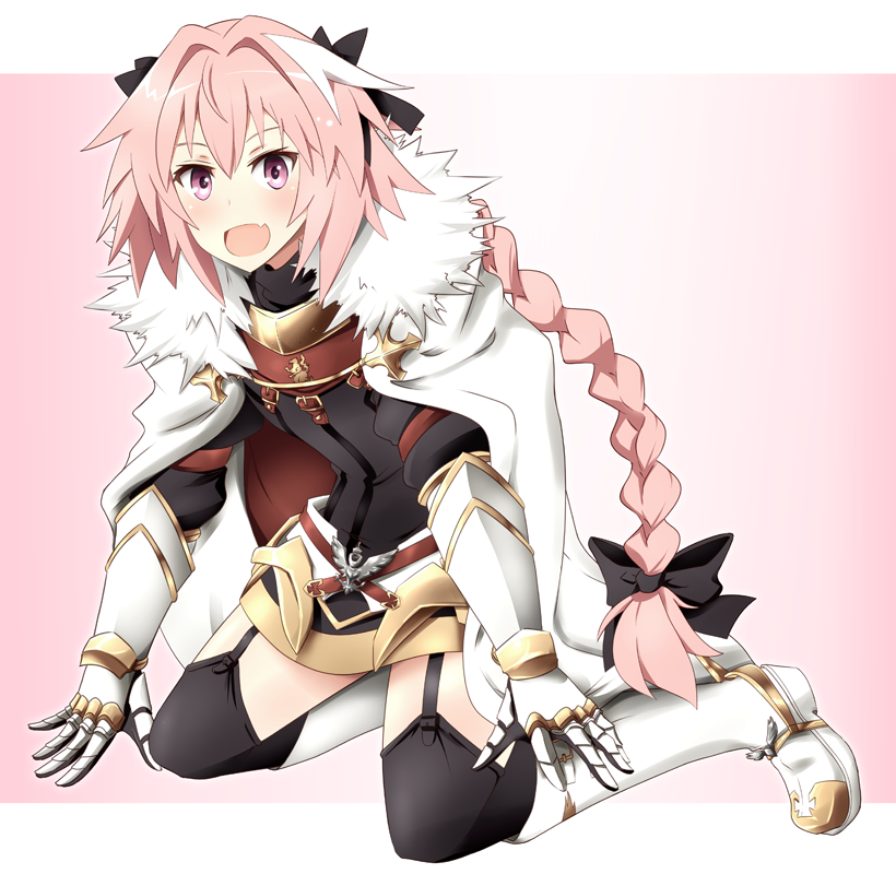 1boy astolfo_(fate) bangs boots braid fang fate/apocrypha fate/grand_order fate_(series) garter_straps gloves gudon_(iukhzl) knee_boots kneeling long_hair looking_at_viewer multicolored_hair open_mouth pink_background pink_eyes pink_hair ribbon skirt smile solo thigh-highs two-tone_hair