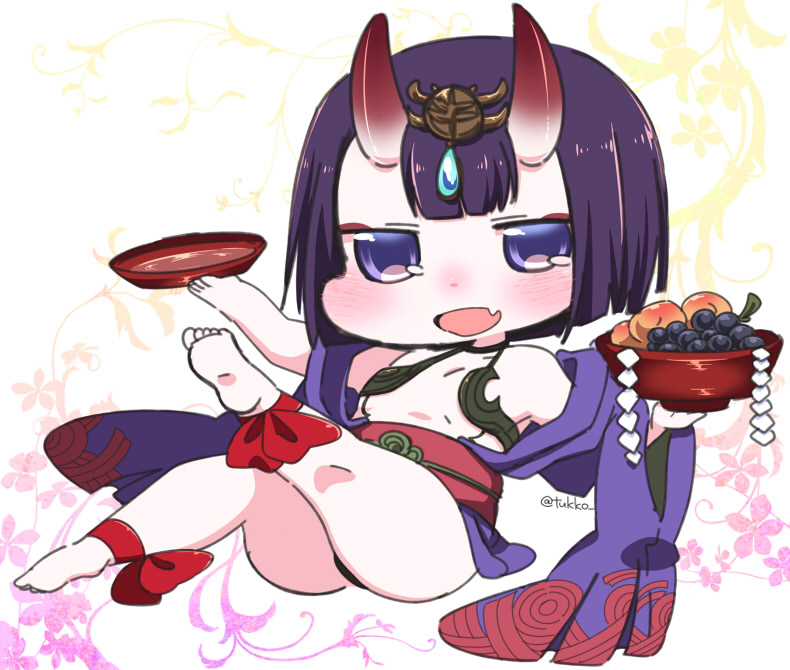 1girl :d alcohol ankle_ribbon ankleband bangs bare_shoulders barefoot blush bowl breasts chibi cup eyeshadow fang fate/grand_order fate_(series) food fruit full_body grapes headpiece holding_sakazuki horns japanese_clothes kimono leg_up long_sleeves makeup obi off_shoulder oni oni_horns open_clothes open_kimono open_mouth peach purple_hair purple_kimono red_ribbon revealing_clothes ribbon sakazuki sake sash short_hair short_kimono shuten_douji_(fate/grand_order) small_breasts smile solo tsukko_(3ki2ne10) twitter_username violet_eyes wide_sleeves