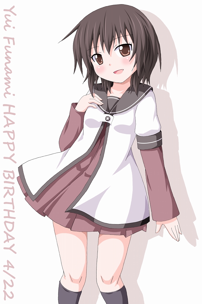 1girl bangs black_hair blush bow brown_eyes dated dress eyebrows_visible_through_hair funami_yui hair_bow happy_birthday kagerou_(kers) looking_at_viewer nanamori_school_uniform sailor_dress school_uniform serafuku short_hair yuru_yuri