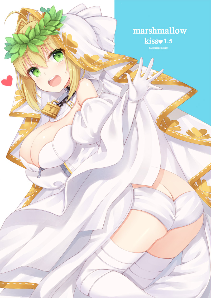 1girl :d ass bangs bare_shoulders blonde_hair blush breasts butt_crack cleavage commentary_request detached_sleeves eyebrows_visible_through_hair fate/extra fate/extra_ccc fate/grand_order fate_(series) gloves green_eyes hair_between_eyes juliet_sleeves large_breasts laurel_crown leaning_forward lock long_sleeves looking_at_viewer looking_to_the_side nero_claudius_(bride)_(fate) nero_claudius_(fate)_(all) open_mouth padlock panties puffy_sleeves smile solo thigh-highs underwear upper_teeth veil white_gloves white_legwear white_panties yuzu-aki zipper_pull_tab