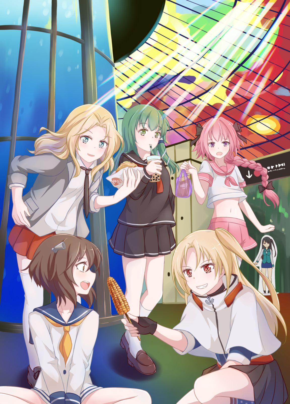 1boy 6+girls :d aqua_eyes astolfo_(fate) azur_lane bow braid brown_eyes brown_hair capelet character_request cleveland_(azur_lane) copyright_request corn crossover drinking drinking_straw fate/zero fate_(series) feeding food girls_und_panzer green_eyes green_hair grin hair_bow hair_ribbon hamburger highres holding kantai_collection kay_(girls_und_panzer) kneeling kochiya_sanae light_brown_hair long_hair momizi_lin multiple_crossover multiple_girls one_side_up open_mouth pleated_skirt ribbon school_uniform serafuku short_hair single_braid sitting skirt smile touhou trap yukikaze_(kantai_collection)