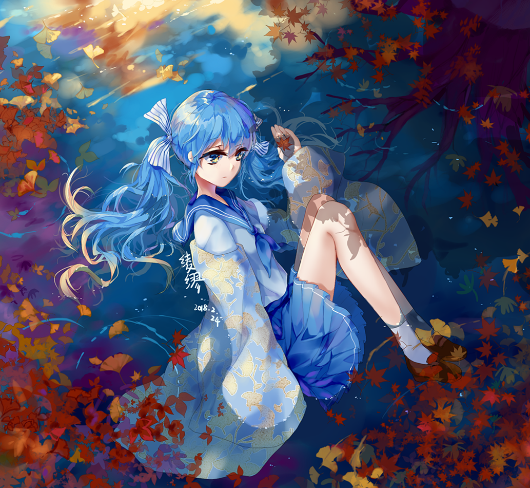 1girl artist_name autumn_leaves blue_eyes blue_hair blue_neckwear blue_skirt bow closed_mouth dated eyebrows_visible_through_hair hair_bow leaf ling_mou looking_away maple_leaf neckerchief original school_uniform skirt sleeves_past_wrists socks solo twintails white_legwear