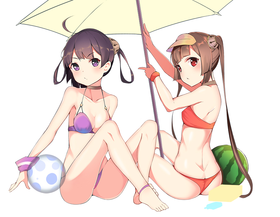 2girls ass azur_lane ball bangs bare_arms bare_shoulders barefoot beach_umbrella beachball bikini blush breasts brown_hair butt_crack cleavage closed_mouth collarbone eyebrows_visible_through_hair food fruit hairpods halter_top halterneck head_tilt long_hair looking_at_viewer medium_breasts meng_ge_3_(565571710) multiple_girls ning_hai_(azur_lane) ping_hai_(azur_lane) purple_bikini red_bikini red_eyes simple_background sitting small_breasts swimsuit thighs transparent twintails umbrella v-shaped_eyebrows very_long_hair violet_eyes visor_cap watermelon white_background yellow_umbrella