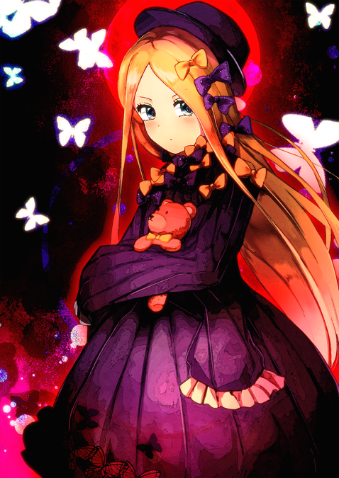 1girl abigail_williams_(fate/grand_order) bangs black_dress black_hat blonde_hair blush bow bug butterfly dress fate/grand_order fate_(series) green_eyes hair_bow hat insect long_hair looking_at_viewer nanasumin object_hug orange_bow parted_bangs purple_bow sleeves_past_fingers sleeves_past_wrists solo stuffed_animal stuffed_toy teddy_bear very_long_hair