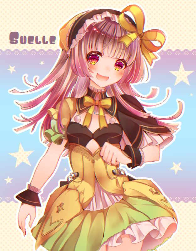 1girl :d atelier_(series) atelier_lydie_&amp;_suelle blush bow character_name clenched_hand eyebrows_visible_through_hair head_tilt high-waist_skirt long_hair looking_at_viewer necota116 open_mouth outline pink_eyes pink_hair skirt smile solo star suelle_marlen white_outline wrist_cuffs yellow_bow