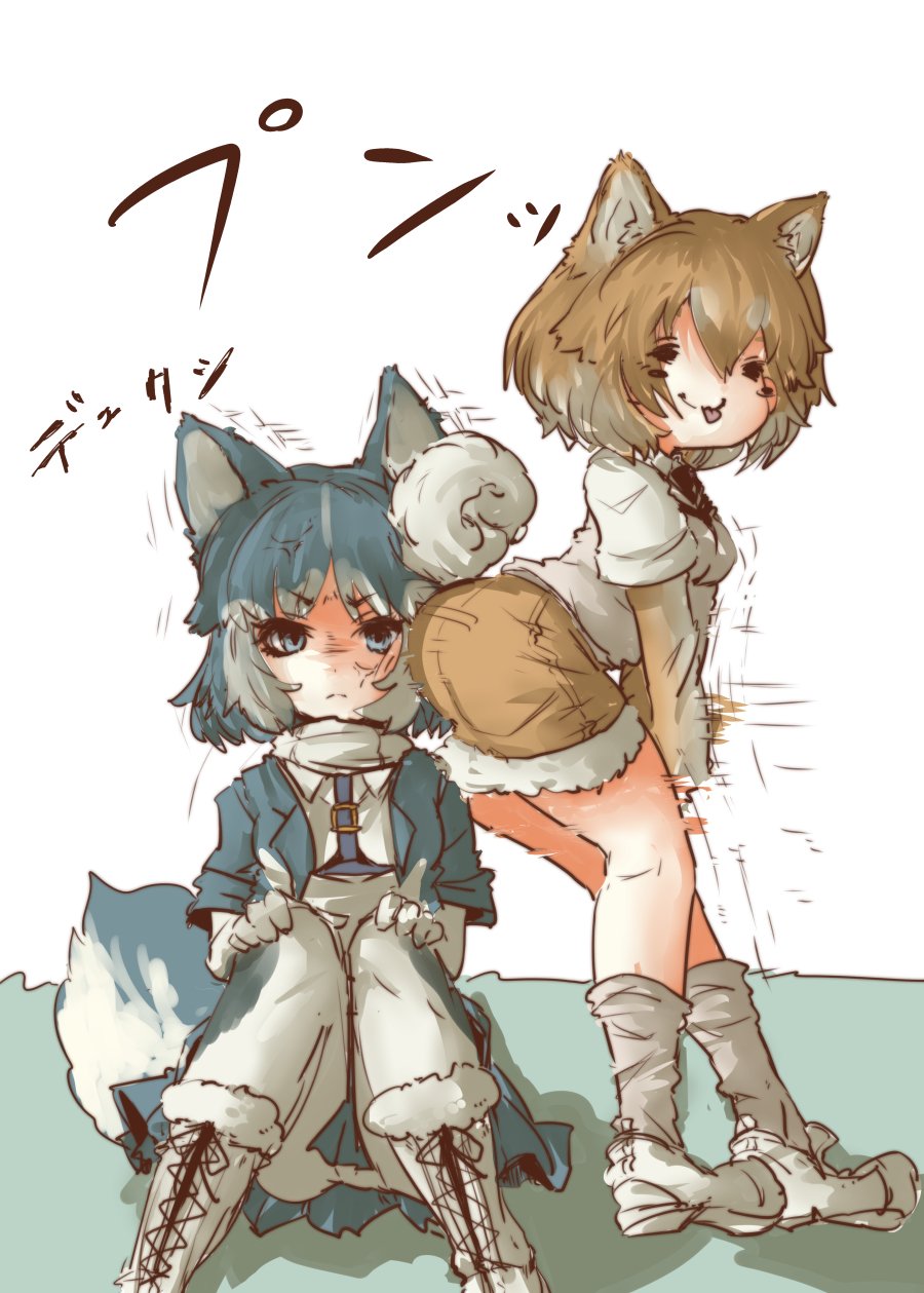 2girls anger_vein animal_ears black_hair boots commentary_request dog_(kemono_friends) dog_ears dog_tail elbow_gloves gloves harness highres jacket kemono_friends light_brown_hair motocompoooo multicolored_hair multiple_girls necktie pantyhose pleated_skirt scarf shoes short_hair short_sleeves shorts siberian_husky_(kemono_friends) sitting skirt sneakers socks tail tongue tongue_out white_hair