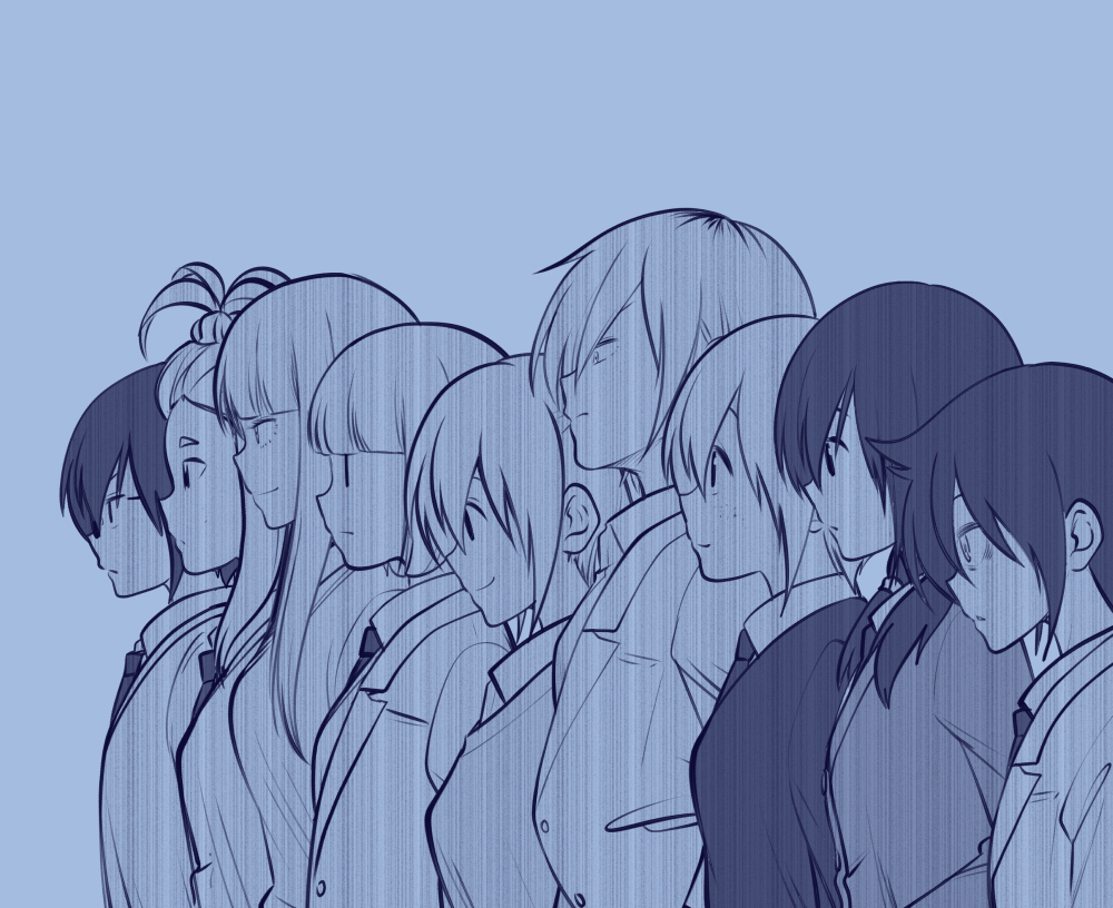 6+girls bags_under_eyes blazer blue cardigan commentary_request freckles glasses jacket katou_asuka komiyama_kotomi kuroki_tomoko light_frown light_smile lineup monochrome multiple_girls necktie nemoto_hina okada_akane profile satou_yuuki school_uniform simple_background smile sweater tamura_yuri tanaka_mako uchi_emiri watashi_ga_motenai_no_wa_dou_kangaetemo_omaera_ga_warui! yoshida_masaki