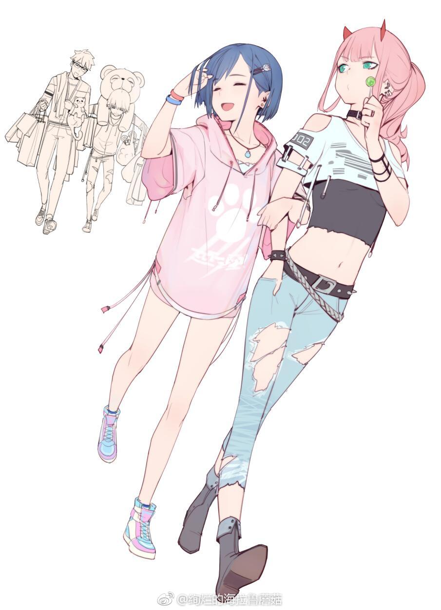 2boys 2girls ^_^ candy cat chocker closed_eyes darling_in_the_franxx dated denim earrings food gorgeous_mushroom gorou_(darling_in_the_franxx) highres hiro_(darling_in_the_franxx) ichigo_(darling_in_the_franxx) jeans jewelry locked_arms lollipop midriff multiple_boys multiple_earrings multiple_girls navel pants partially_colored torn_clothes torn_jeans torn_pants watermark work_in_progress zero_two_(darling_in_the_franxx)