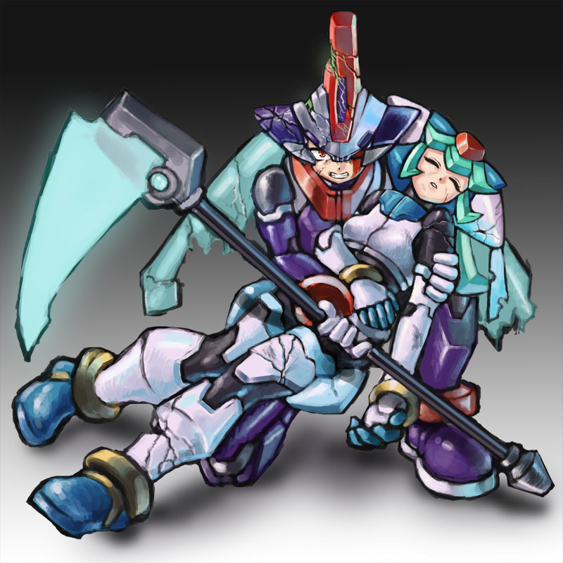 1boy 1girl android angry armor blood broken_helmet brother_and_sister capcom closed_eyes drill_(emilio) energy_blade full_body gradient gradient_background helmet holding holding_person holding_weapon injury inti_creates one_eye_closed pandora_(rockman) prometheus rockman rockman_zx rockman_zx_advent scythe serious siblings unconscious weapon