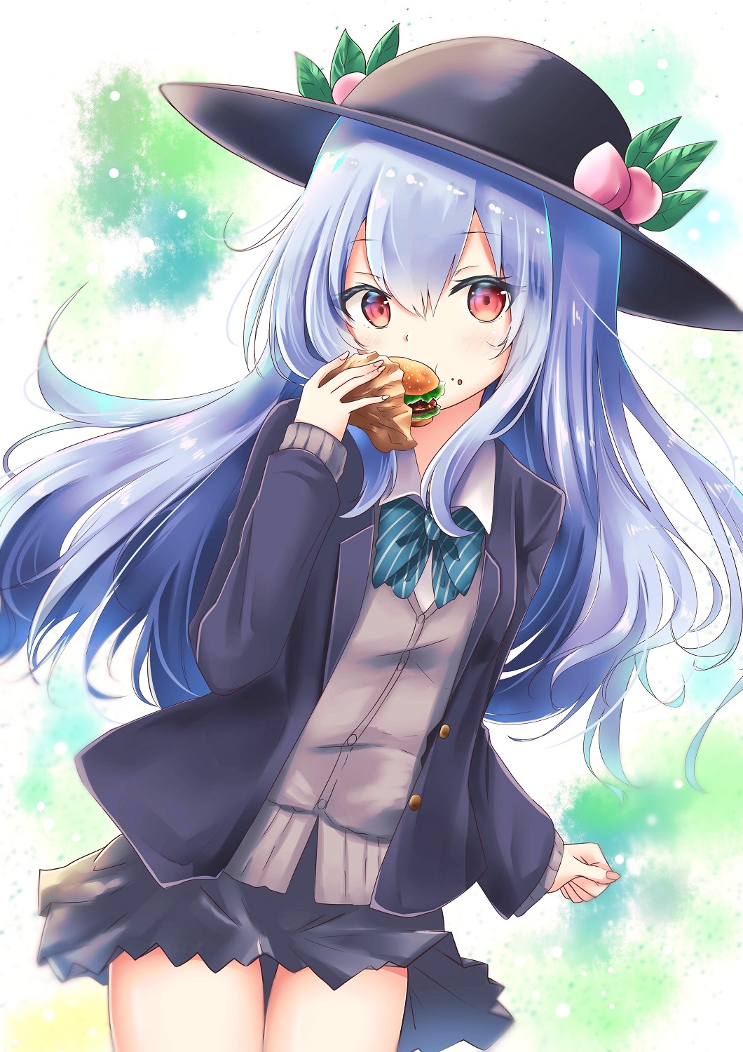 1girl alternate_costume black_hat black_jacket black_skirt blazer blue_bow blue_hair blue_neckwear bow clenched_hand commentary_request covered_mouth cowboy_shot eating eyebrows_visible_through_hair fingernails food fruit grey_vest hair_between_eyes hamburger hat head_tilt highres hinanawi_tenshi holding holding_food jacket leaf long_hair long_sleeves looking_at_viewer miniskirt neck_bow peach red_eyes renka_(cloudsaikou) sidelocks skirt solo standing striped striped_bow touhou vest