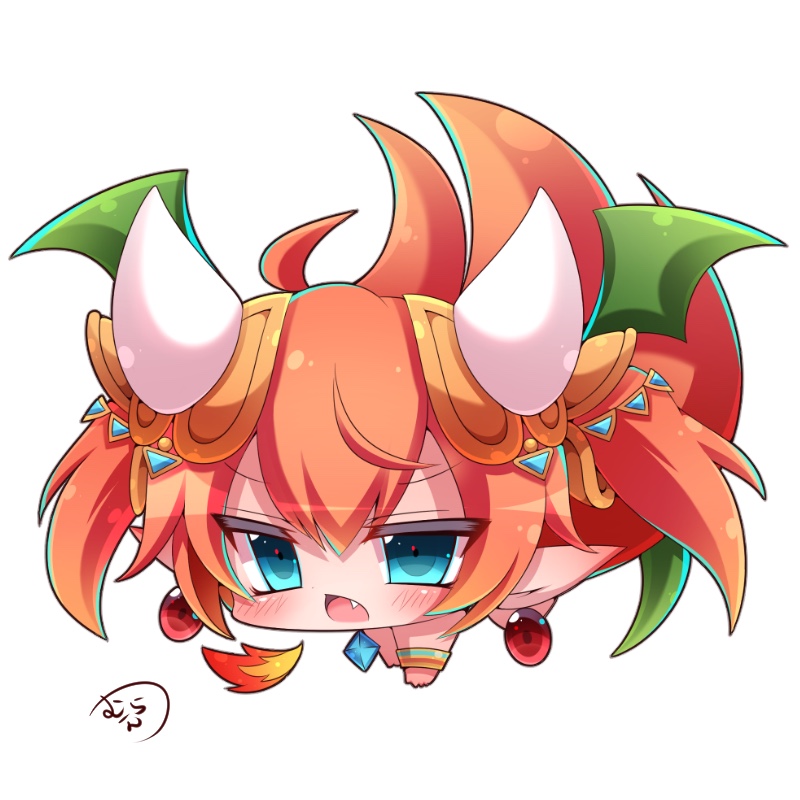 1girl ahoge all_fours bangs blue_eyes blush breathing_fire brown_hair chestnut_mouth chibi commentary_request dragon_girl dragon_horns earrings eyebrows_visible_through_hair fang fire green_wings hair_between_eyes hair_ornament horns jewelry looking_at_viewer muuran open_mouth pointy_ears shironeko_project signature simple_background solo tetra_(shironeko_project) twintails white_background wings