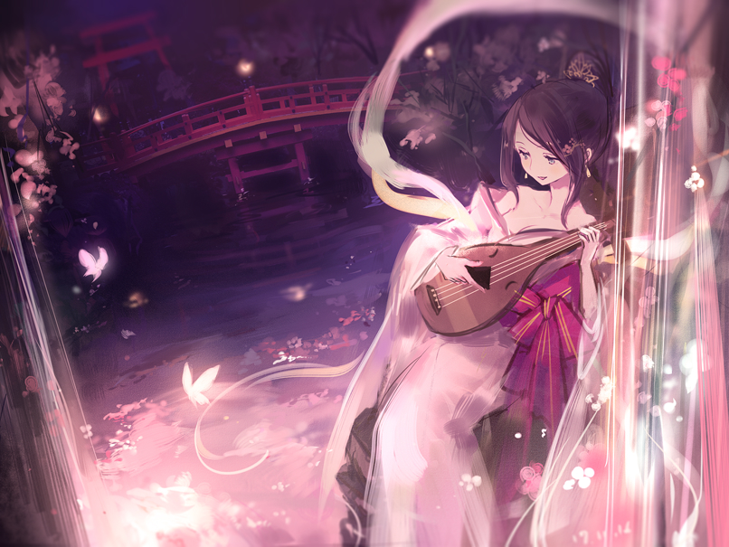 1girl alt_(apou) black_hair blue_eyes blush breasts bridge bug butterfly cherry_blossoms cleavage dark dutch_angle earrings garden hair_ornament hair_up hairpin insect instrument japanese_clothes jewelry kimono long_hair lute_(instrument) music night obi open_mouth original playing_instrument reflection river sash sidelocks sitting smile torii tree water