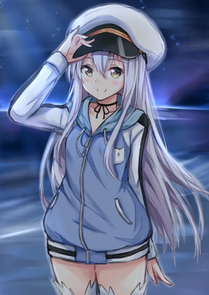 1girl arm_at_side arm_up aurora bangs blue_jacket blush brown_eyes closed_mouth commentary_request copyright_request drawstring eyebrows_visible_through_hair hair_between_eyes hakuya_(white_night) hand_on_headwear hat hood hood_down hooded_jacket jacket long_hair long_sleeves military_hat night night_sky ohara_rinne outdoors peaked_cap silver_hair sky smile solo standing thigh-highs very_long_hair white_hat white_legwear