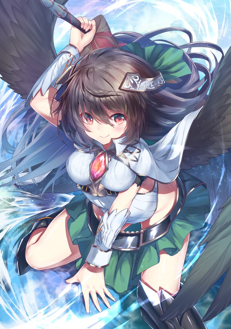 1girl arm_up armored_boots belt black_wings blue_background boots bow breasts brooch brown_hair cape circlet closed_mouth collared_shirt feathered_wings green_bow green_skirt hair_between_eyes hair_bow holding holding_sword holding_weapon jewelry large_breasts long_hair looking_at_viewer microskirt no_panties red_eyes reiuji_utsuho shirt skirt smile solo spread_legs sword topia touhou vambraces weapon white_shirt wing_collar wings