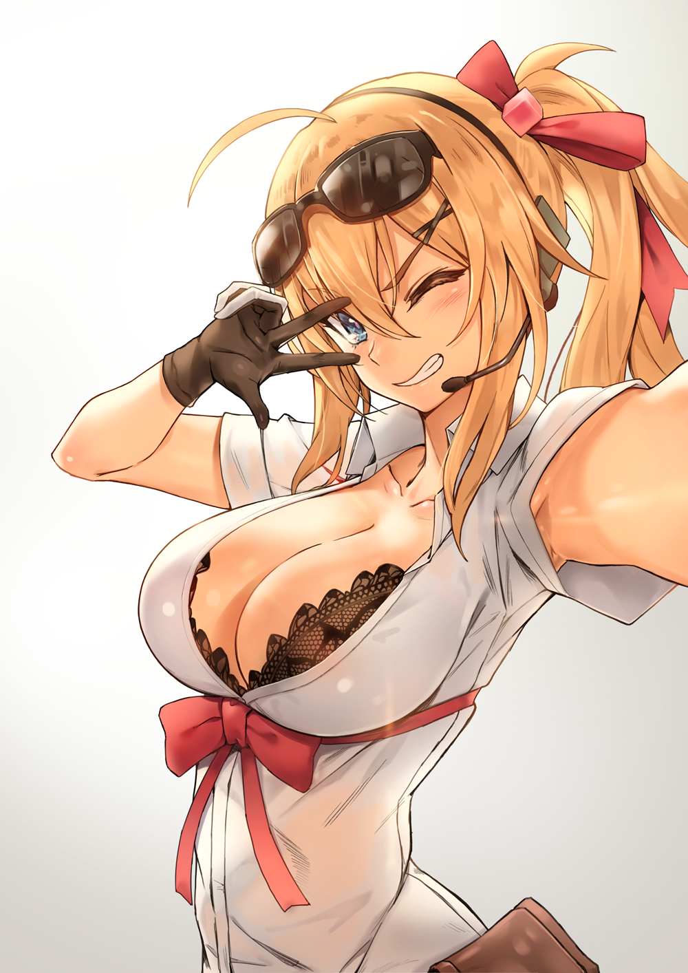1girl ;d ahoge armpit_peek arms_up bangs black-framed_eyewear black_bra blonde_hair blue_eyes blush bow bra breasts brown_gloves cleavage collared_shirt eyebrows_visible_through_hair eyewear_on_head girls_frontline gloves gradient gradient_background grin hair_between_eyes hair_ornament hair_ribbon hairclip headset highres honey_yun kalina_(girls_frontline) large_breasts long_hair looking_at_viewer one_eye_closed open_mouth outstretched_arm ponytail pouch red_bow red_ribbon ribbon self_shot shirt smile solo sunglasses teeth underwear upper_body v-shaped_eyebrows v_over_eye white_background white_shirt wing_collar x_hair_ornament