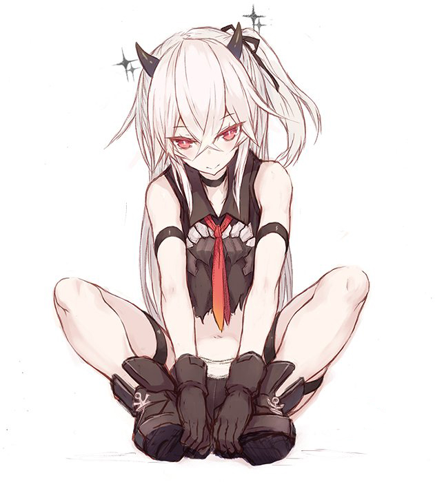1girl ankle_boots artist_name boots choker destroyer_water_oni goekawa hands_on_own_feet horns kantai_collection pale_skin red_eyes shinkaisei-kan sitting solo white_hair