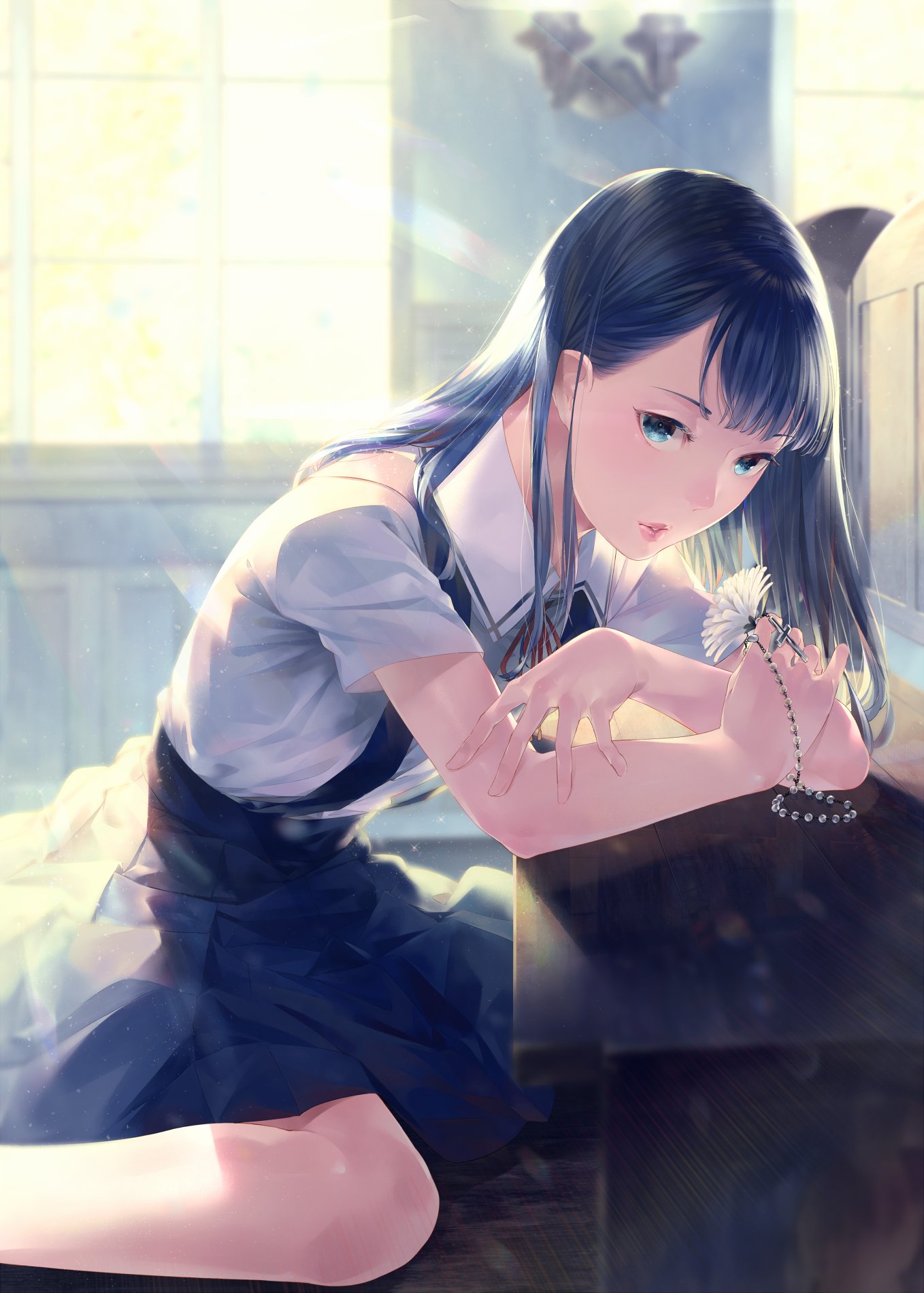 1girl blue_eyes blue_hair blue_skirt blurry blurry_background collared_shirt cross day depth_of_field flower from_side high-waist_skirt highres indoors light_rays long_hair looking_at_viewer neck_ribbon original red_neckwear red_ribbon ribbon rosary shirt sitting skirt solo sousou_(sousouworks) suspender_skirt suspenders wariza white_shirt window wing_collar