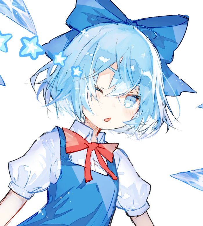 1girl blue_bow blue_dress blue_eyes blue_hair blush bow cirno commentary_request dress hair_between_eyes hair_bow ice ice_wings looking_at_viewer neck_bow nuudoru one_eye_closed parted_lips puffy_short_sleeves puffy_sleeves red_bow red_neckwear shirt short_hair short_sleeves simple_background solo star touhou upper_body white_background white_shirt wing_collar wings