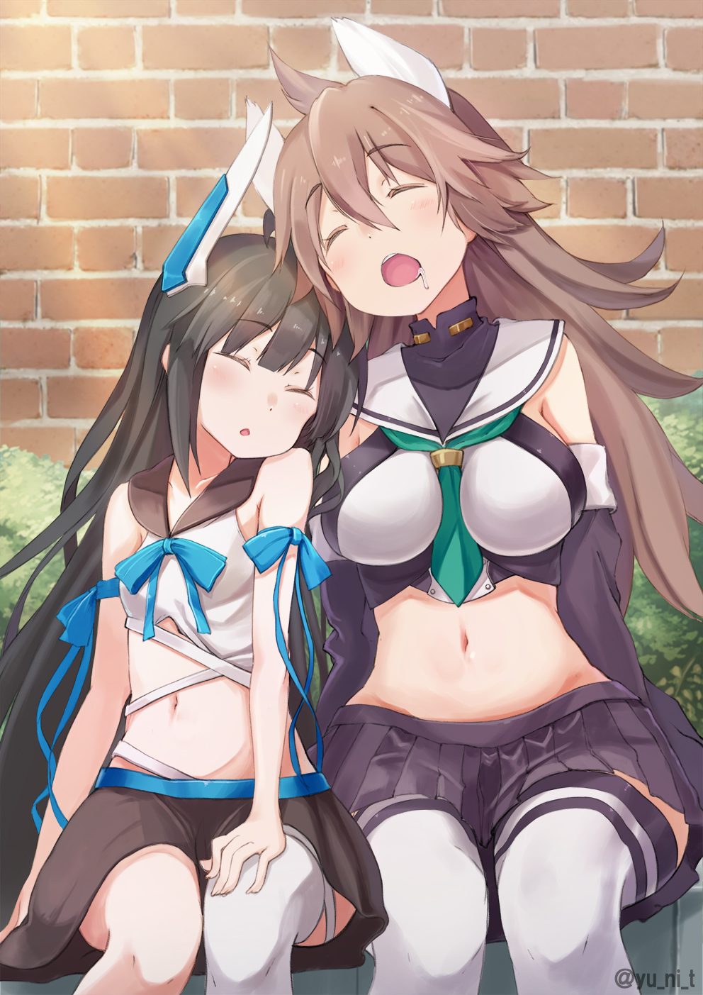 2girls ahoge animal_ears arm_support asymmetrical_legwear azur_lane bangs between_breasts black_hair black_skirt blue_neckwear blush breasts brown_hair collarbone crop_top detached_sleeves drooling eyebrows_visible_through_hair furutaka_(azur_lane) hair_between_eyes hand_on_own_thigh headgear highres large_breasts long_hair multiple_girls navel neckerchief nowaki_(azur_lane) open_mouth outdoors pleated_skirt remodel_(azur_lane) ribbon sailor_collar school_uniform serafuku sidelocks skirt sleeping sleeping_on_person sleeping_upright small_breasts stomach teal_neckwear thigh-highs thighs twitter_username white_legwear yellow_eyes yu_ni_t