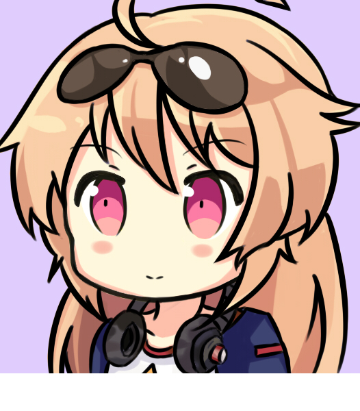 1girl ahoge azur_lane bangs blue_jacket blush chibi closed_mouth collarbone columbia_(azur_lane) eyebrows_visible_through_hair eyewear_on_head hair_between_eyes headphones headphones_around_neck jacket light_brown_hair long_hair looking_away nagato-chan pink_eyes purple_background shirt simple_background smile solo sunglasses white_shirt