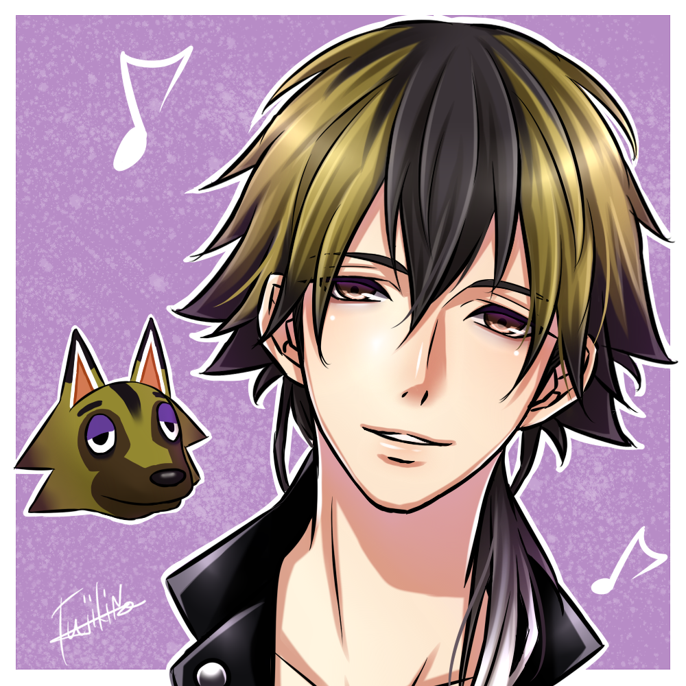 1boy animal_ears black_hair blonde_hair brown_eyes doubutsu_no_mori male_focus multicolored_hair musical_note personification portrait ricardo_(doubutsu_no_mori) solo teeth two-tone_hair wolf wolf_ears