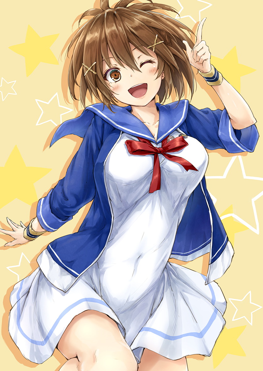 1girl ;d akesaka_serina breasts brown_eyes brown_hair chunithm cowboy_shot dress hair_between_eyes hair_ornament index_finger_raised large_breasts looking_at_viewer navel neck_ribbon one_eye_closed open_mouth red_ribbon ribbon sailor_dress short_hair smile solo star starry_background suien x_hair_ornament