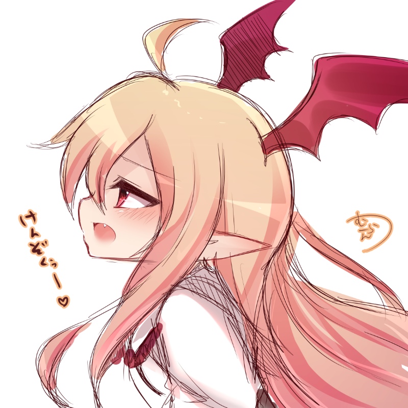 1girl ahoge bangs bat_wings blonde_hair blush commentary_request eyebrows_visible_through_hair fang granblue_fantasy hair_between_eyes head_wings long_hair muuran open_mouth pointy_ears profile red_eyes red_wings shingeki_no_bahamut shirt sideways_mouth signature simple_background sketch solo translation_request vampy very_long_hair white_background white_shirt wings