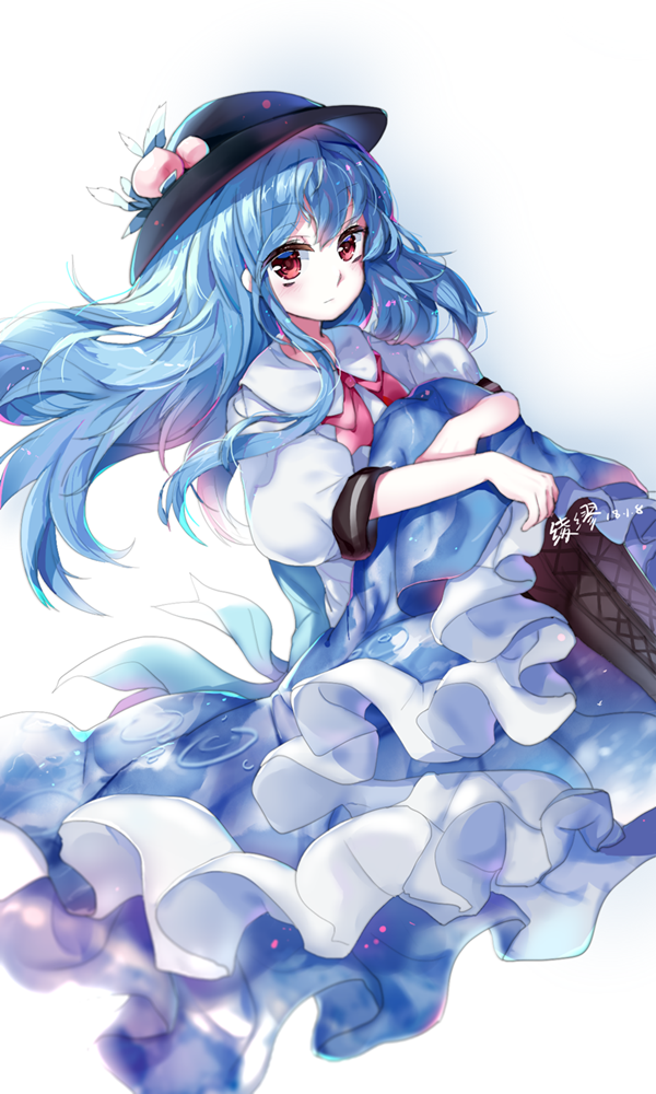 1girl artist_name black_hat blue_hair blush boots bow brown_footwear closed_mouth dated eyebrows_visible_through_hair food fruit hat hinanawi_tenshi knee_boots ling_mou long_hair looking_at_viewer peach puffy_short_sleeves puffy_sleeves red_bow red_eyes short_sleeves solo touhou very_long_hair