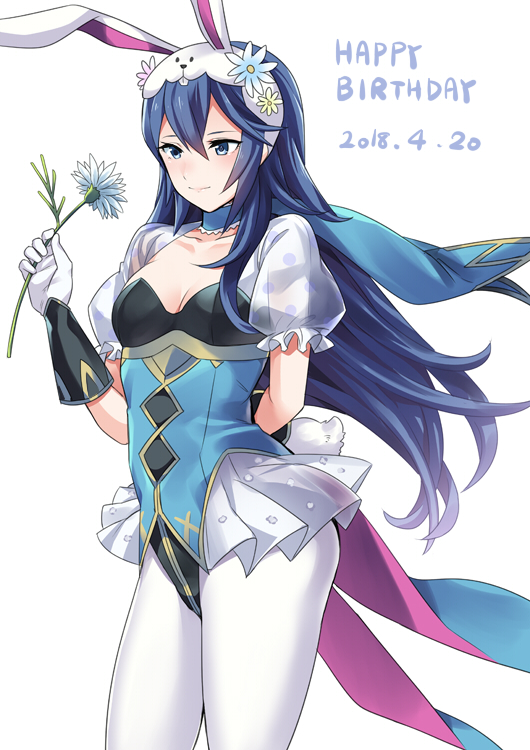 1girl animal_ears arm_behind_back blue_choker blue_eyes blue_hair blue_leotard blush breasts bunny_tail bunnysuit choker cleavage collarbone dated fake_animal_ears fake_tail fire_emblem fire_emblem_heroes flower frilled_sleeves frills gloves hair_flower hair_ornament happy_birthday leotard long_hair lucina mejiro pantyhose polka_dot puffy_short_sleeves puffy_sleeves rabbit_ears see-through short_sleeves showgirl_skirt simple_background small_breasts solo standing tail very_long_hair white_background white_gloves white_legwear
