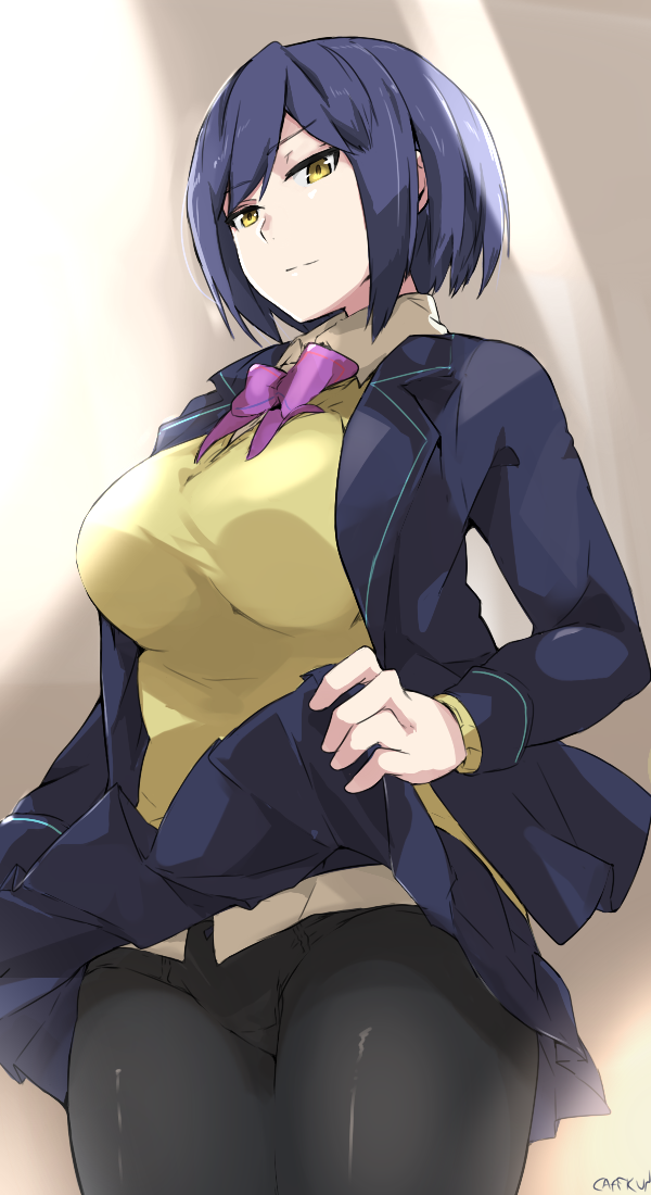 1girl black_legwear blazer blue_hair bow bowtie breasts cafekun jacket large_breasts long_sleeves looking_at_viewer nijisanji panties panties_under_pantyhose pantyhose purple_bow shizuka_rin short_hair skirt skirt_lift solo sweater underwear virtual_youtuber yellow_eyes