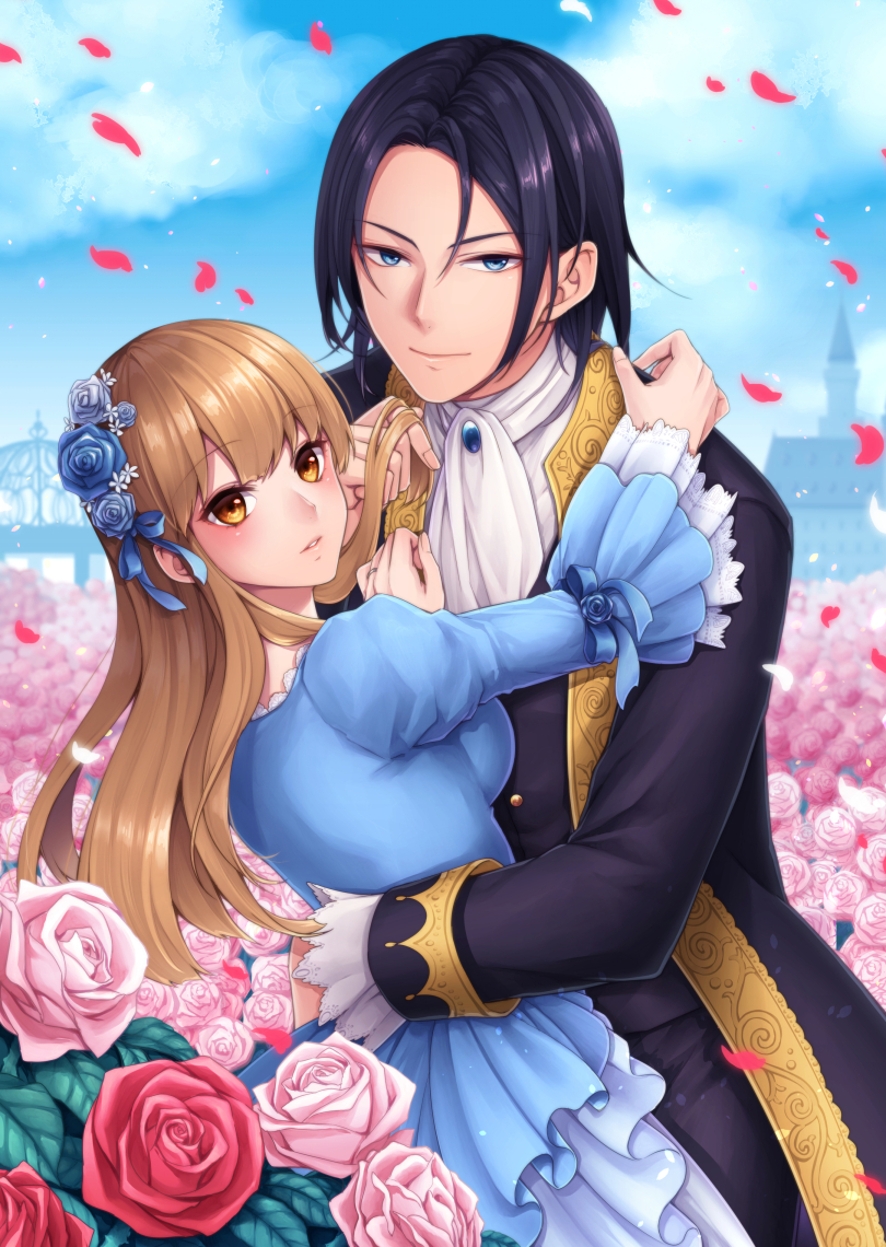 1boy 1girl black_hair blue_dress blue_eyes blue_sky blush breasts brown_eyes brown_hair clouds copyright_request cover cover_page dress field flower flower_field hair_flower hair_ornament hetero hinata_mizuiro hug long_hair looking_at_viewer medium_breasts official_art outdoors petals pink_flower puffy_sleeves sky white_neckwear
