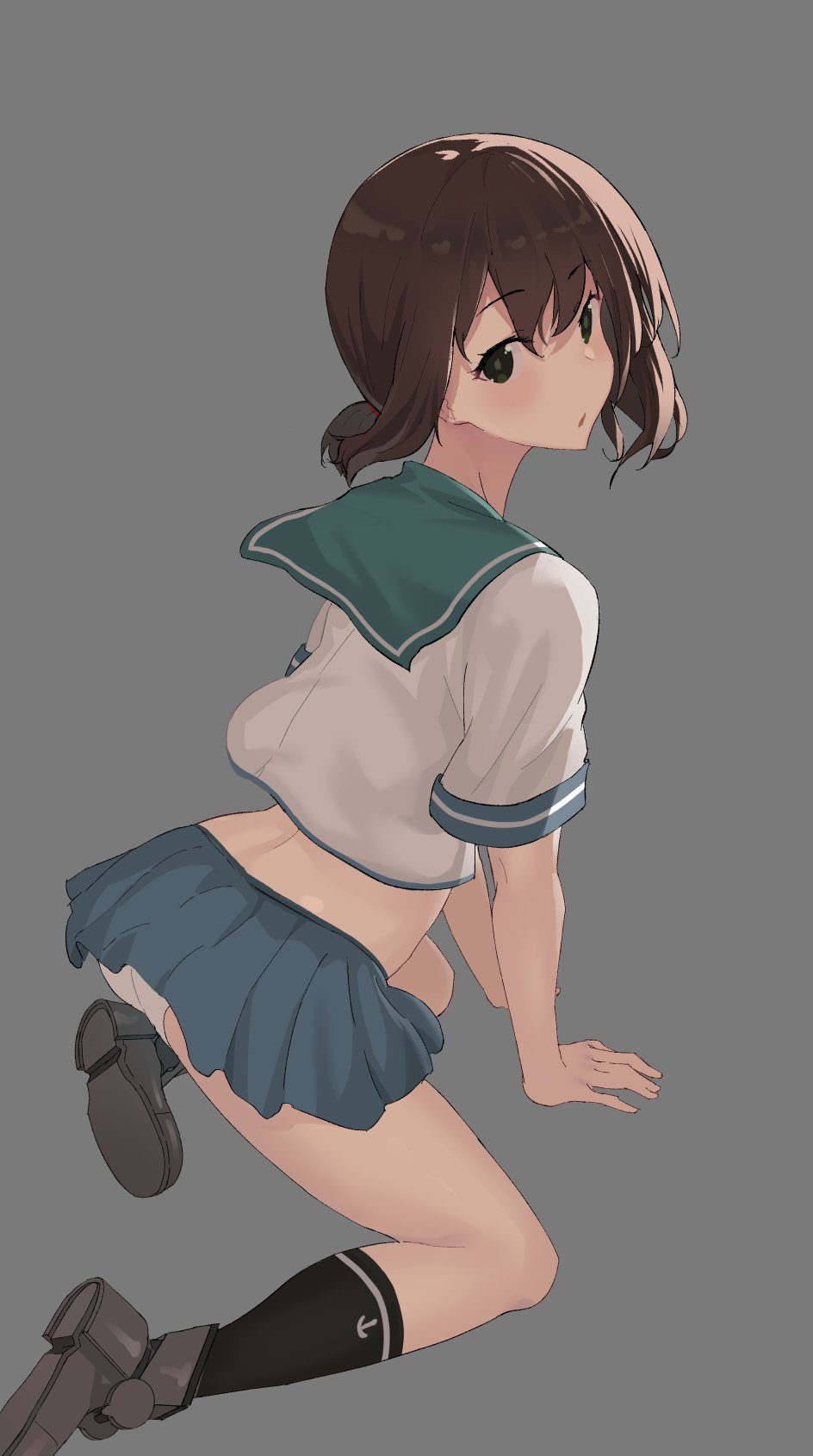 1girl all_fours ass black_eyes black_hair black_legwear blue_sailor_collar blue_skirt fubuki_(kantai_collection) grey_background highres kantai_collection kneehighs kneeling low_ponytail oweee panties pantyshot pleated_skirt ponytail sailor_collar school_uniform serafuku short_ponytail sidelocks simple_background skirt solo underwear white_panties