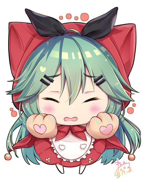 1girl blush chibi closed_eyes gloves green_hair hair_ornament hairclip kantai_collection little_red_riding_hood long_hair maruma_(maruma_gic) open_mouth paw_gloves paws signature solo white_background yamakaze_(kantai_collection)