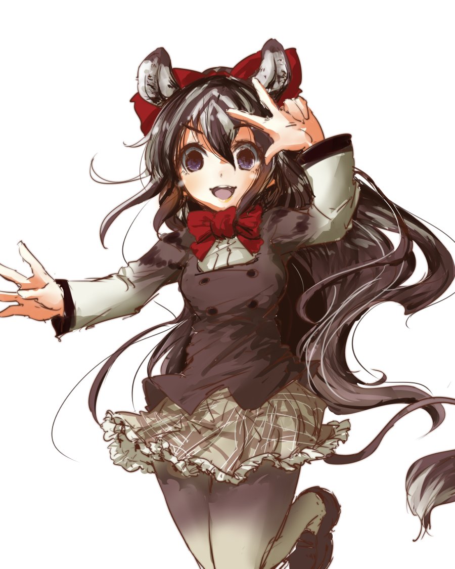 1girl bow bowtie brown_hair buttons commentary_request cowboy_shot eyebrows_visible_through_hair frilled_skirt frills hair_bow kemono_friends long_hair long_sleeves motocompoooo multicolored_hair pantyhose plaid plaid_skirt pleated_skirt quagga_(kemono_friends) quagga_ears quagga_tail skirt solo standing standing_on_one_leg white_hair